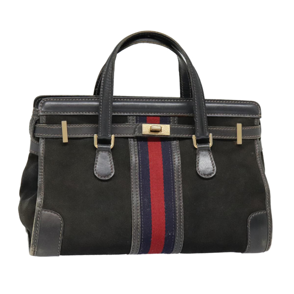 GUCCI Sherry Line Hand Bag Suede Leather Navy Red gold Auth yk14885 - Picture 1 of 16